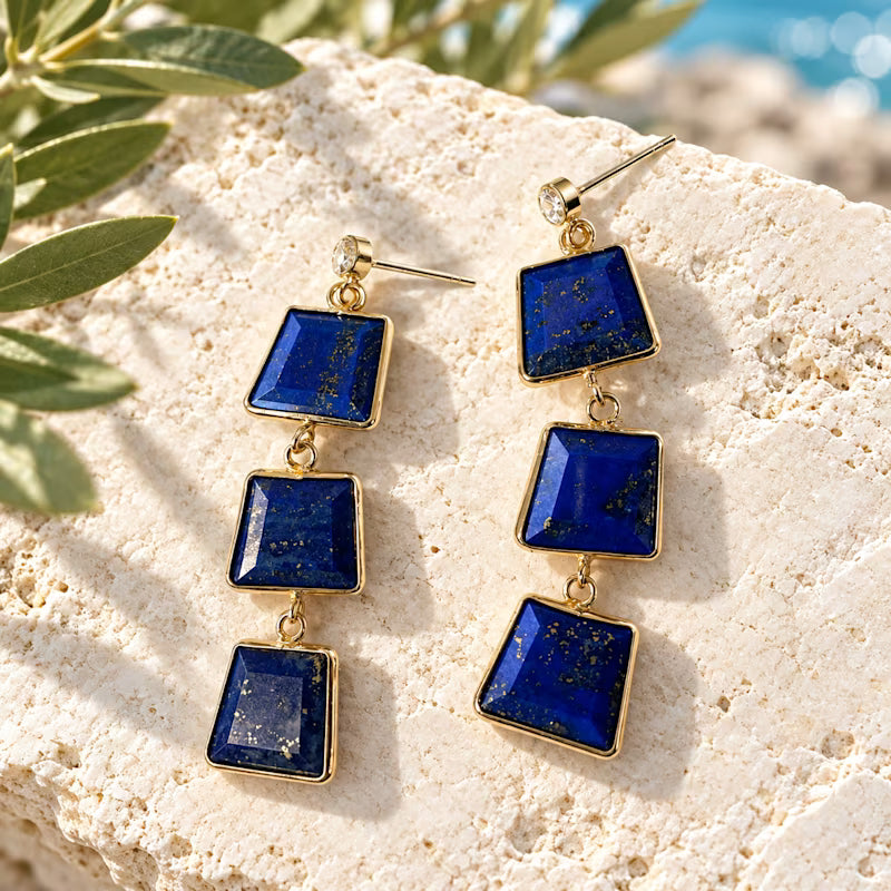 Natural Lapis Lazuli Triple Drop Earrings | Gold-Tone Geometric Statement Earrings