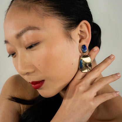 Lapis Lazuli Drop Earrings | Gold Gemstone Statement Earrings