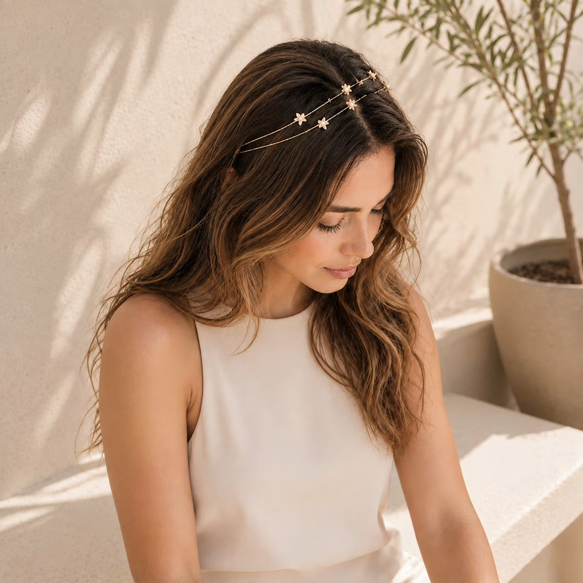 Freshwater Pearl Flower Double Wire Headband | Semi-Matte Gold