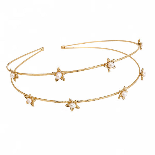 Freshwater Pearl Flower Double Wire Headband | Semi-Matte Gold