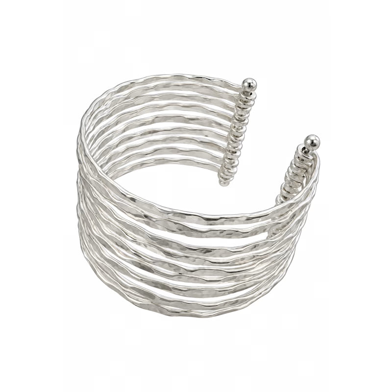 Hammered Wire Cuff Bracelet | Semi-Matte Silver-Plated Statement Bangle