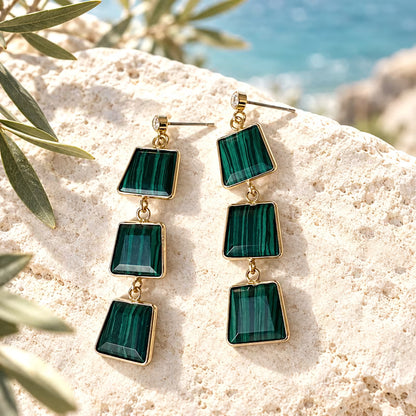 Malachite Triple Drop Earrings | Gold-Tone Geometric Statement Earrings