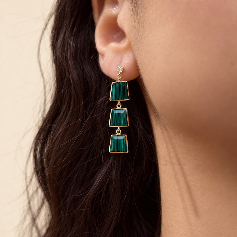 Malachite Triple Drop Earrings | Gold-Tone Geometric Statement Earrings