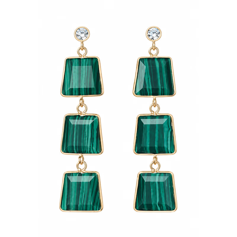 Malachite Triple Drop Earrings | Gold-Tone Geometric Statement Earrings