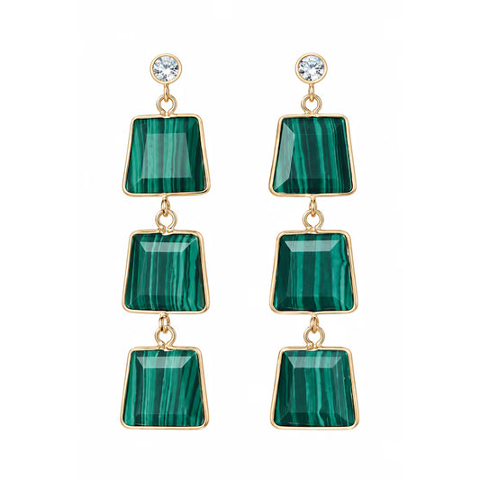 Malachite Triple Drop Earrings | Gold-Tone Geometric Statement Earrings