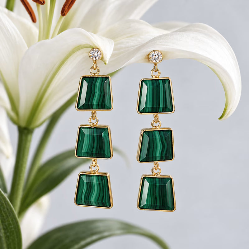 Malachite Triple Drop Earrings | Gold-Tone Geometric Statement Earrings