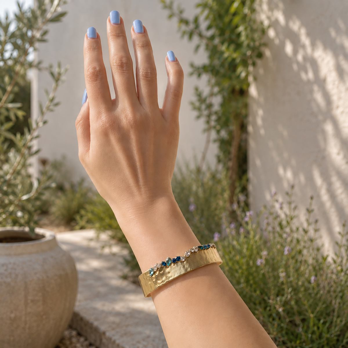 Multicolor Crystal Gold Statement Cuff Bracelet | Organic Sculptural Jewelry
