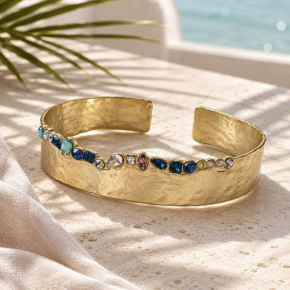 Multicolor Crystal Gold Statement Cuff Bracelet | Organic Sculptural Jewelry