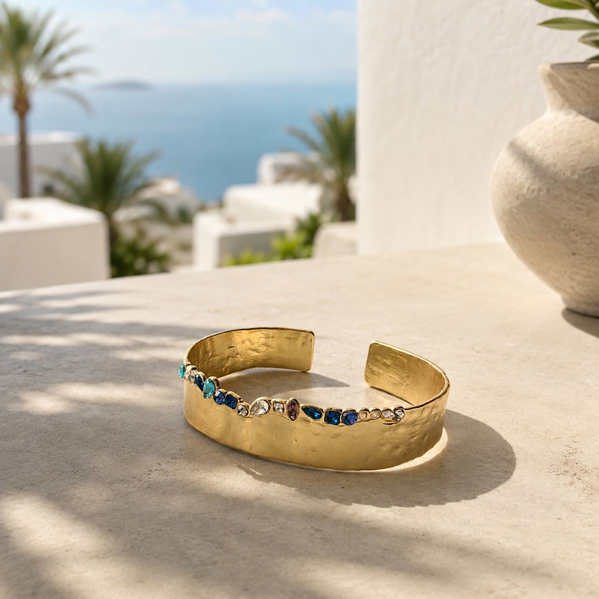 Multicolor Crystal Gold Statement Cuff Bracelet | Organic Sculptural Jewelry
