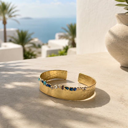Multicolor Crystal Gold Statement Cuff Bracelet | Organic Sculptural Jewelry
