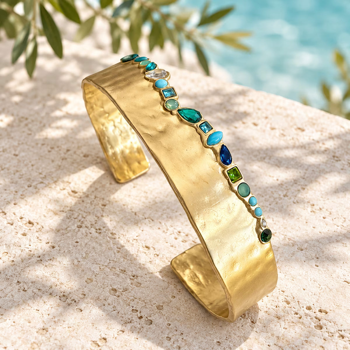 Multicolor Turquoise Chalcedony Blue Glass Cuff Bracelet Gold Plated Statement Bangle