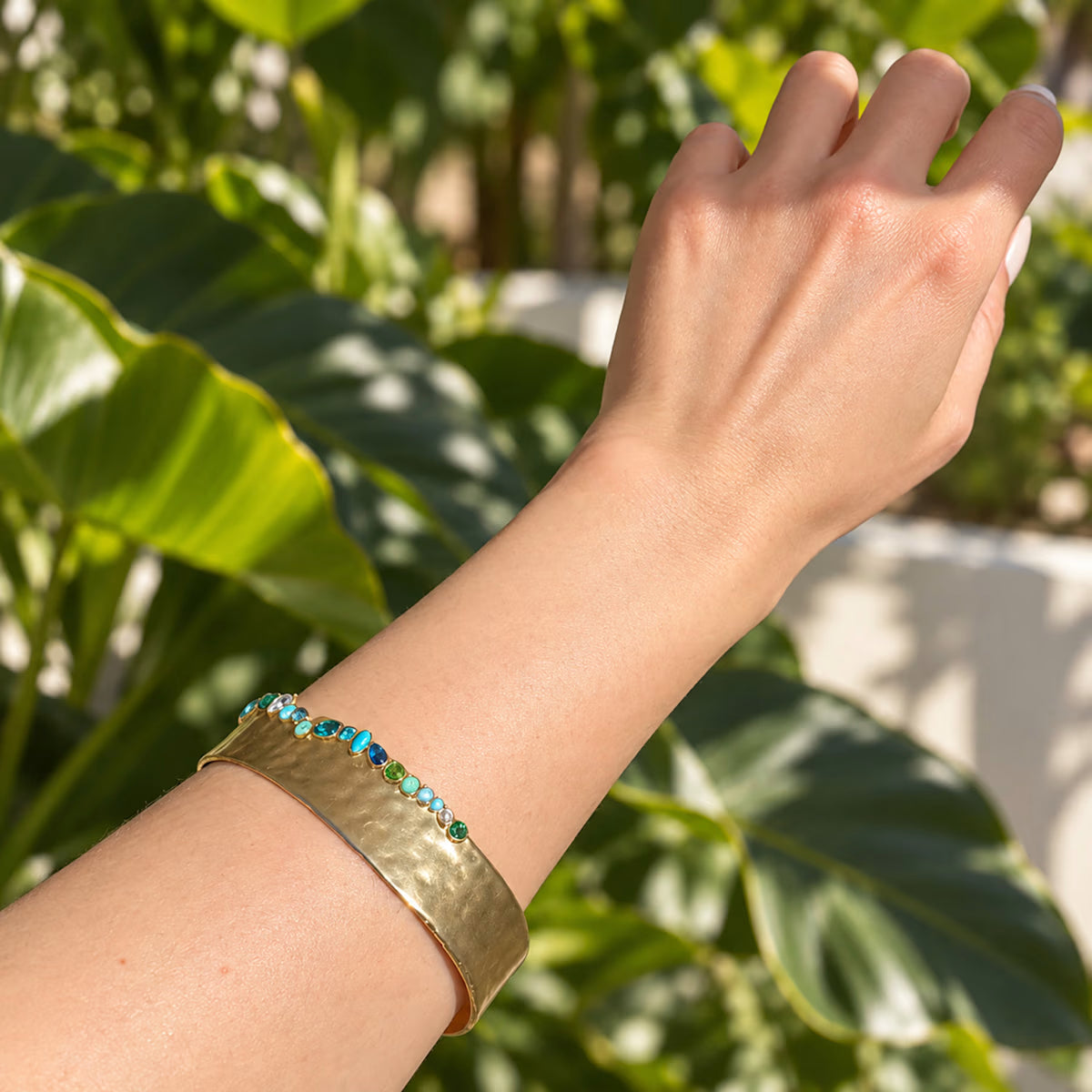 Multicolor Turquoise Chalcedony Blue Glass Cuff Bracelet Gold Plated Statement Bangle