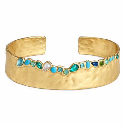 Multicolor Turquoise Chalcedony Blue Glass Cuff Bracelet Gold Plated Statement Bangle
