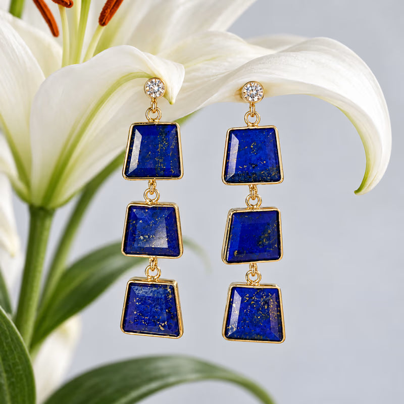 Natural Lapis Lazuli Triple Drop Earrings | Gold-Tone Geometric Statement Earrings