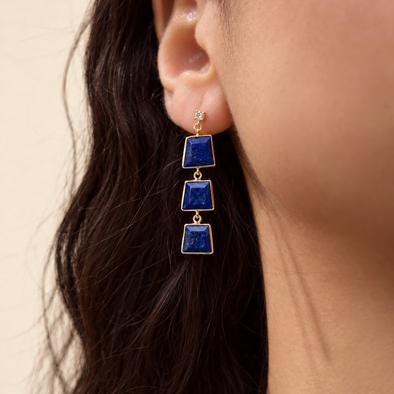 Natural Lapis Lazuli Triple Drop Earrings | Gold-Tone Geometric Statement Earrings