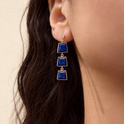 Natural Lapis Lazuli Triple Drop Earrings | Gold-Tone Geometric Statement Earrings
