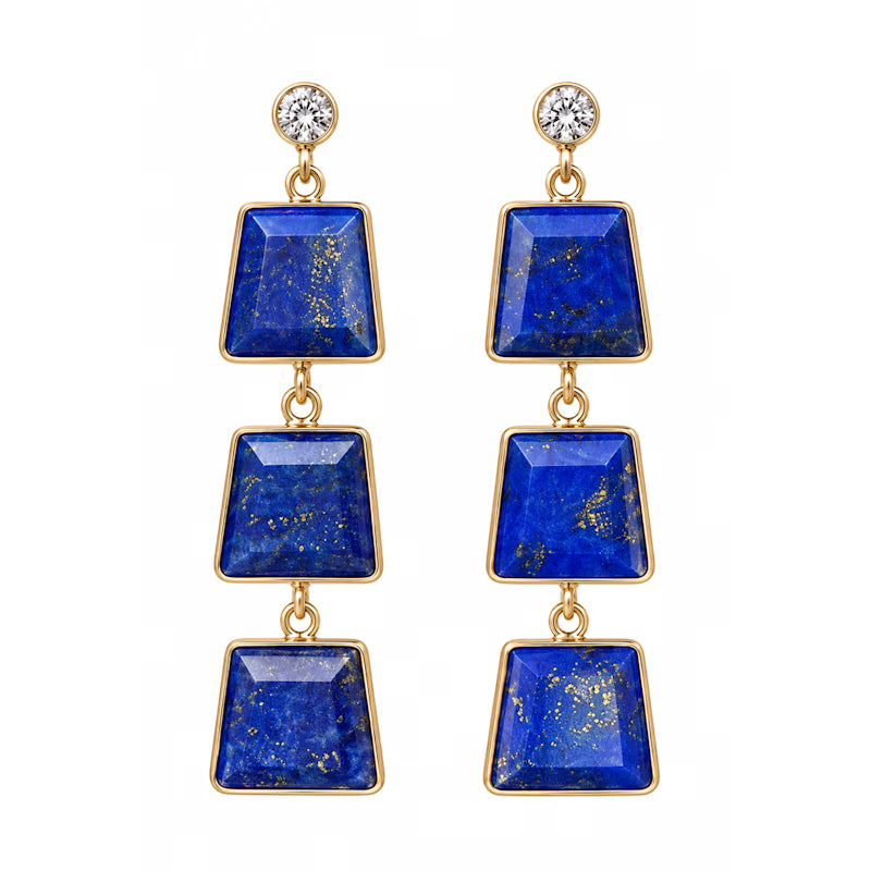 Natural Lapis Lazuli Triple Drop Earrings | Gold-Tone Geometric Statement Earrings