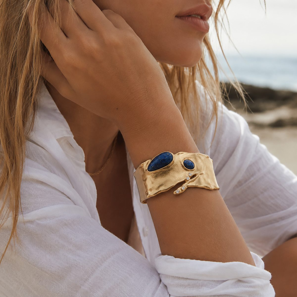 Organic Celestial Bangle Lapis Statement Cuff Bracelet