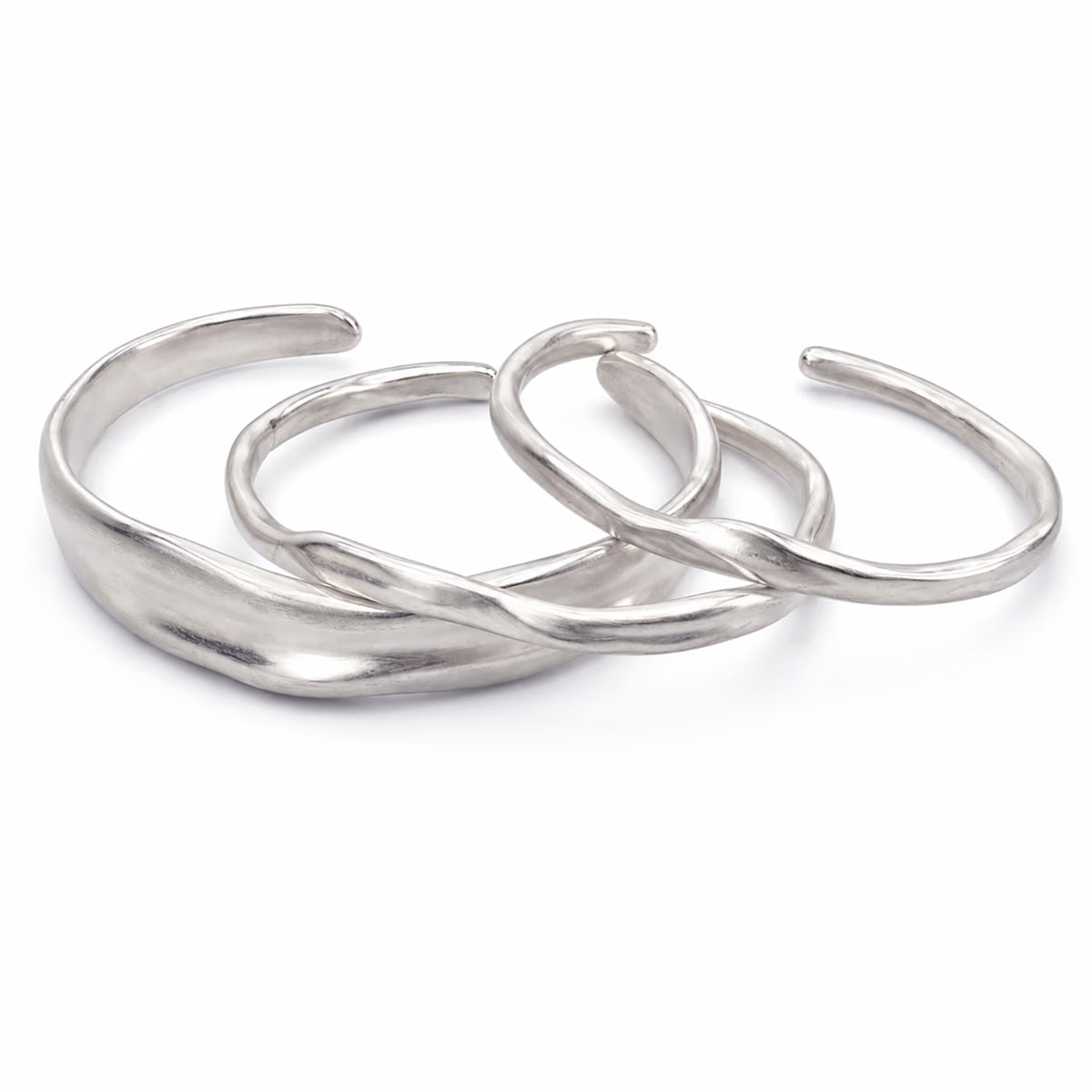 Organic Sculpted Semi Matte Silver Bangle Set Of Three | Wabi-Sabi Sculptural Cuff Bracelets