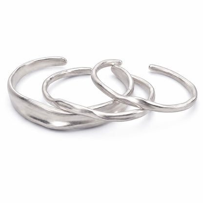 Organic Sculpted Semi Matte Silver Bangle Set Of Three | Wabi-Sabi Sculptural Cuff Bracelets
