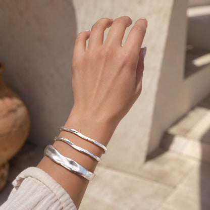 Organic Sculpted Semi Matte Silver Bangle Set Of Three | Wabi-Sabi Sculptural Cuff Bracelets
