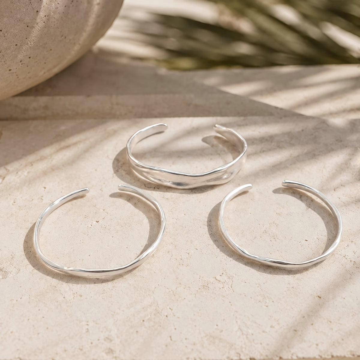 Organic Sculpted Semi Matte Silver Bangle Set Of Three | Wabi-Sabi Sculptural Cuff Bracelets