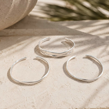 Organic Sculpted Semi Matte Silver Bangle Set Of Three | Wabi-Sabi Sculptural Cuff Bracelets