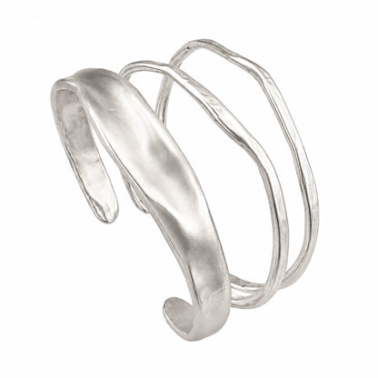 Organic Sculpted Semi Matte Silver Bangle Set Of Three | Wabi-Sabi Sculptural Cuff Bracelets