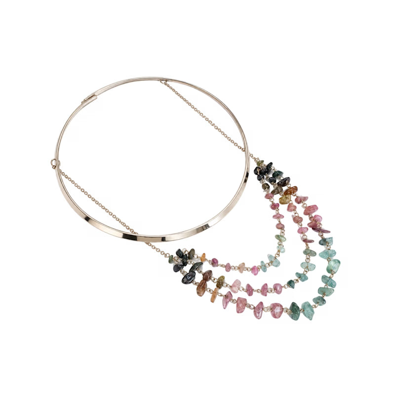 Rainbow Tourmaline Layered Necklace | Polished Neck Cuff With Tourmaline Gemstone Chips