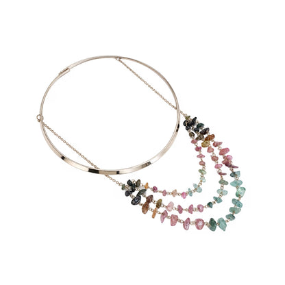 Rainbow Tourmaline Layered Necklace | Polished Neck Cuff With Tourmaline Gemstone Chips