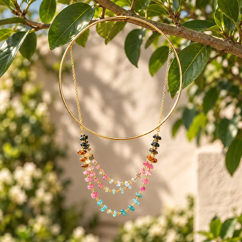 Rainbow Tourmaline Layered Necklace | Polished Neck Cuff With Tourmaline Gemstone Chips