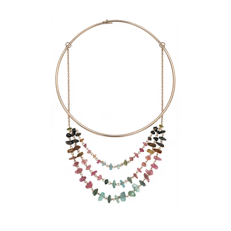 Rainbow Tourmaline Layered Necklace | Polished Neck Cuff With Tourmaline Gemstone Chips