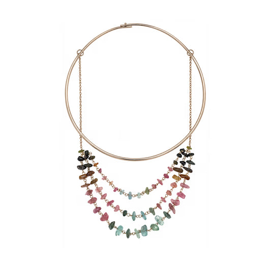 Rainbow Tourmaline Layered Necklace | Polished Neck Cuff With Tourmaline Gemstone Chips