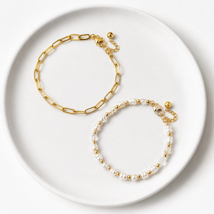 Rare Matters bracelets displayed on a white ceramic plate
