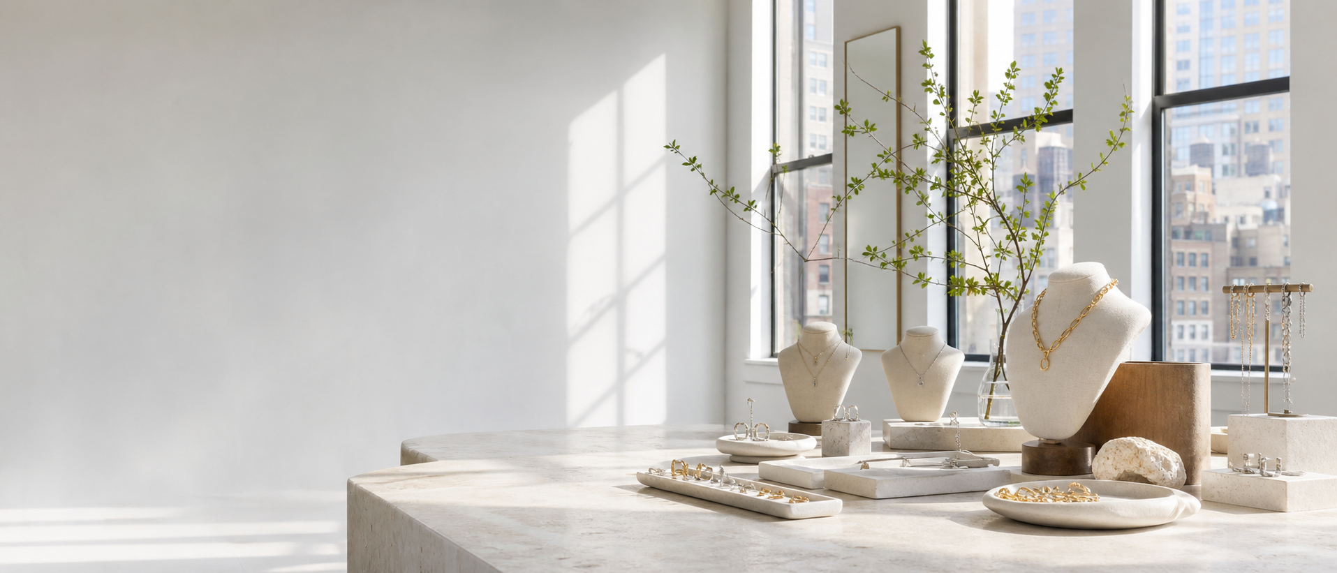 Rare Matters New York jewelry studio with sculptural jewelry displays and natural light