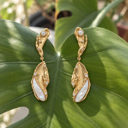 Sculptural Mother Of Pearl Leaf Drop Earrings Gold Cz Organic Earrings