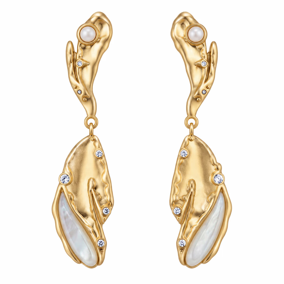 Sculptural Mother Of Pearl Leaf Drop Earrings Gold Cz Organic Earrings