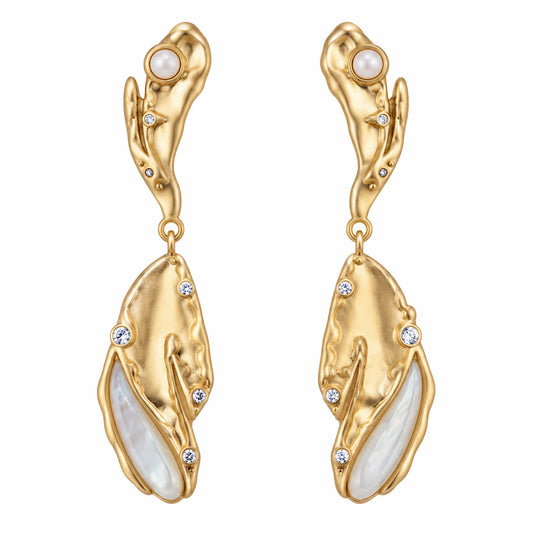 Sculptural Mother Of Pearl Leaf Drop Earrings Gold Cz Organic Earrings