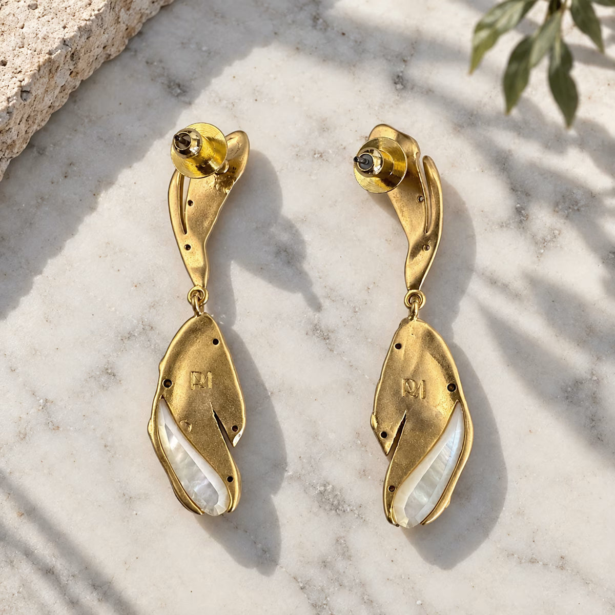 Sculptural Mother Of Pearl Leaf Drop Earrings Gold Cz Organic Earrings