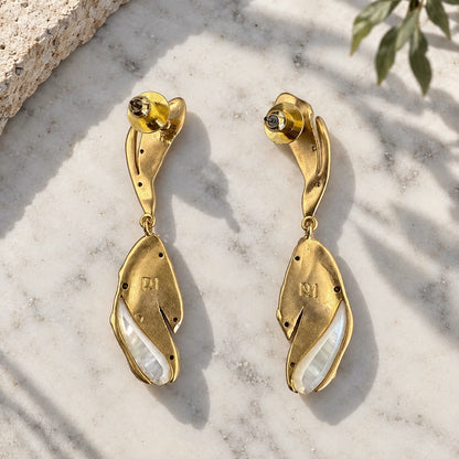 Sculptural Mother Of Pearl Leaf Drop Earrings Gold Cz Organic Earrings